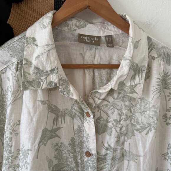 🌿 Naturals D&Co Linen Blend Botanical Print Button Down Top Ruffle Sleeve 1X 🌿 - Picture 8 of 10